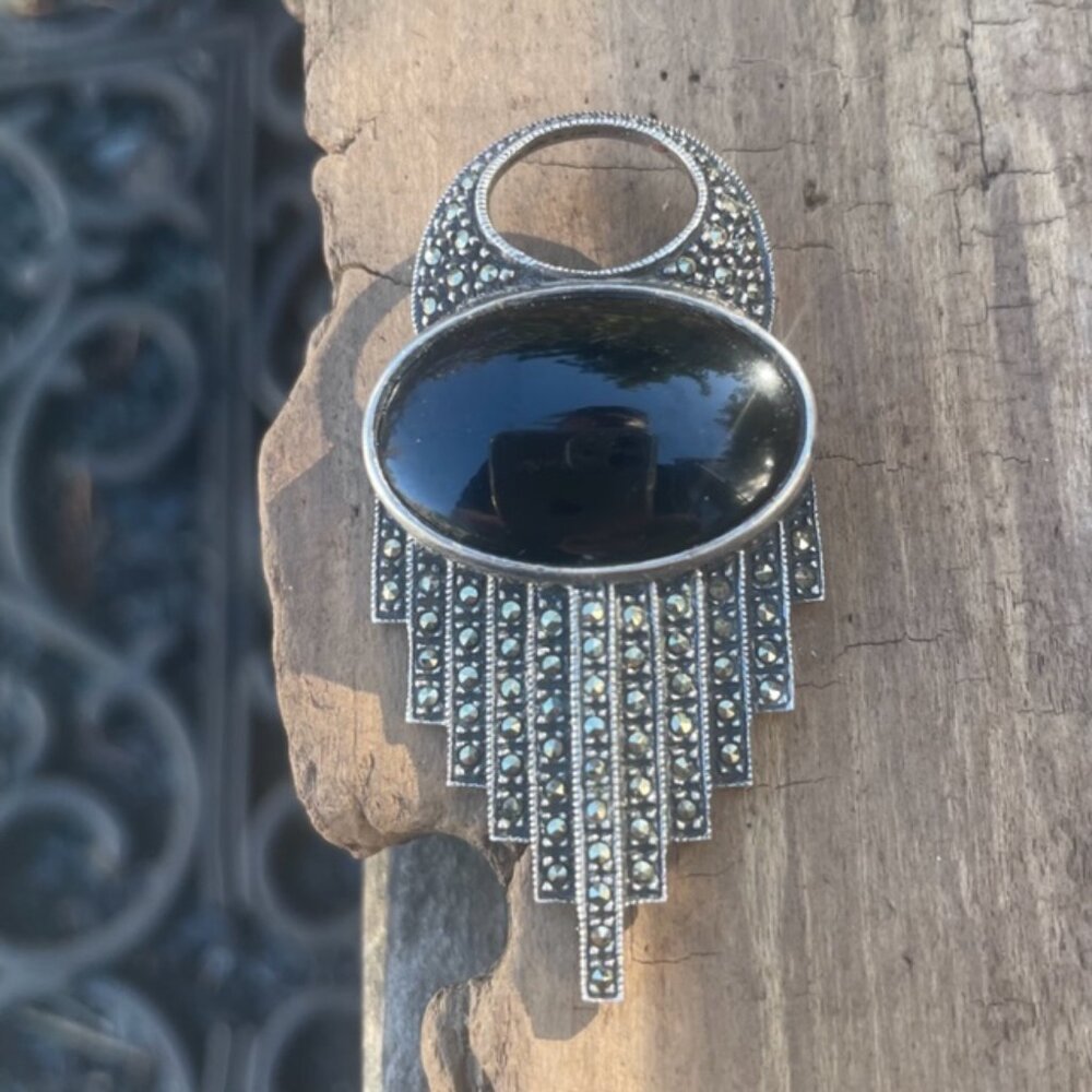Vintage Art Deco Marcasite Sterling Silver Onyx Brooch Pin Signed